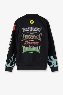 Barrow men’s black nylon and mesh bomber jacket with bold colorful embroidered text and flame motifs on the back