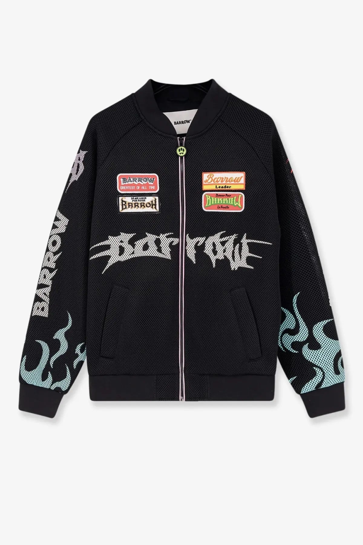 Barrow men’s black nylon and mesh bomber jacket with white and teal flame graphics and multiple branded patches
