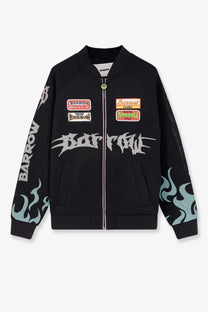Barrow men’s black nylon and mesh bomber jacket with white and teal flame graphics and multiple branded patches
