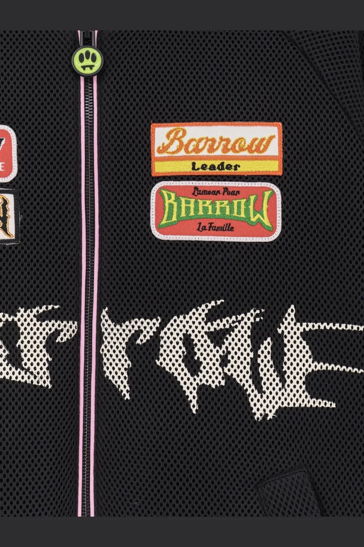 Barrow men’s black nylon and mesh bomber jacket with neon green skull zipper pull and colorful embroidered patches