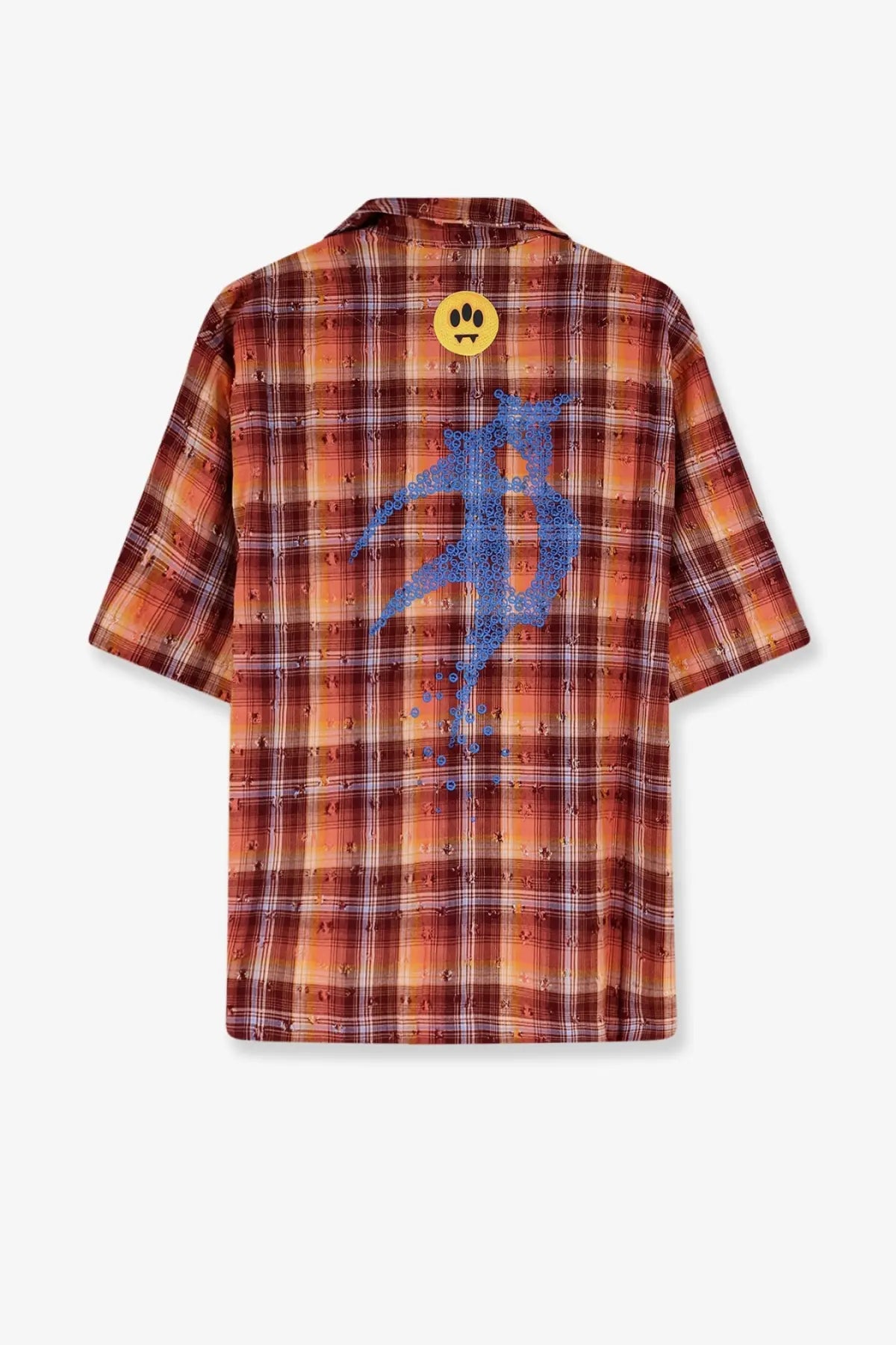 Barrow men’s short-sleeved cotton shirt gold with warm orange plaid, blue leaping figure graphic, and yellow smiley patch