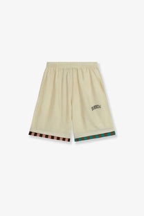 Barrow men’s viscose blend bermuda shorts in cream with black barron logo and multicolor checkered hem trim