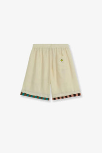 Barrow men’s viscose blend cream-colored bermuda shorts with subtle smiley face logo and checkered hem trim