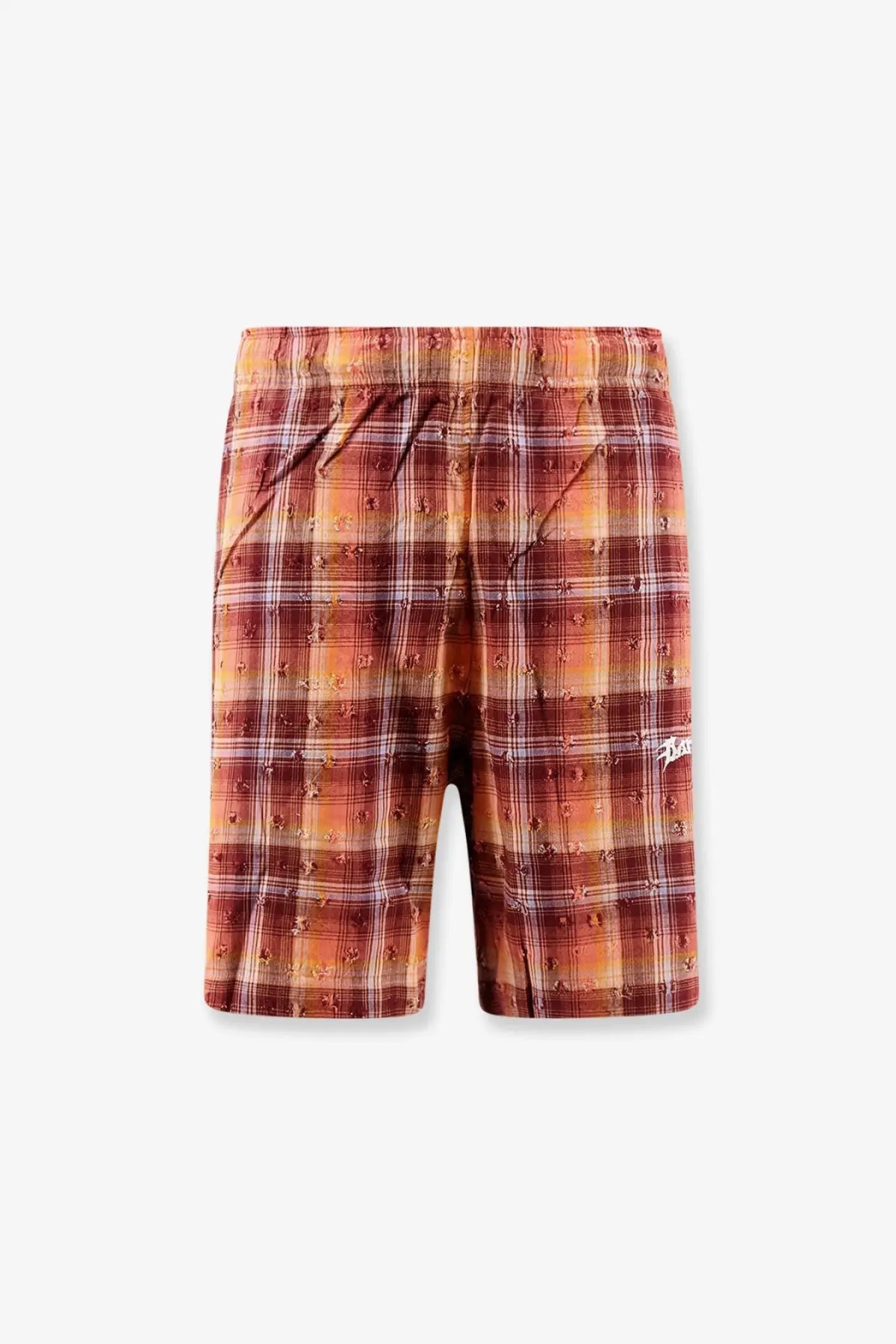 Barrow men’s viscose and cotton blend bermuda shorts in gold with orange and brown plaid floral pattern and elastic waistband