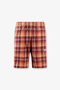 Barrow men’s viscose and cotton blend bermuda shorts in orange and brown plaid with subtle floral pattern and elastic waistband