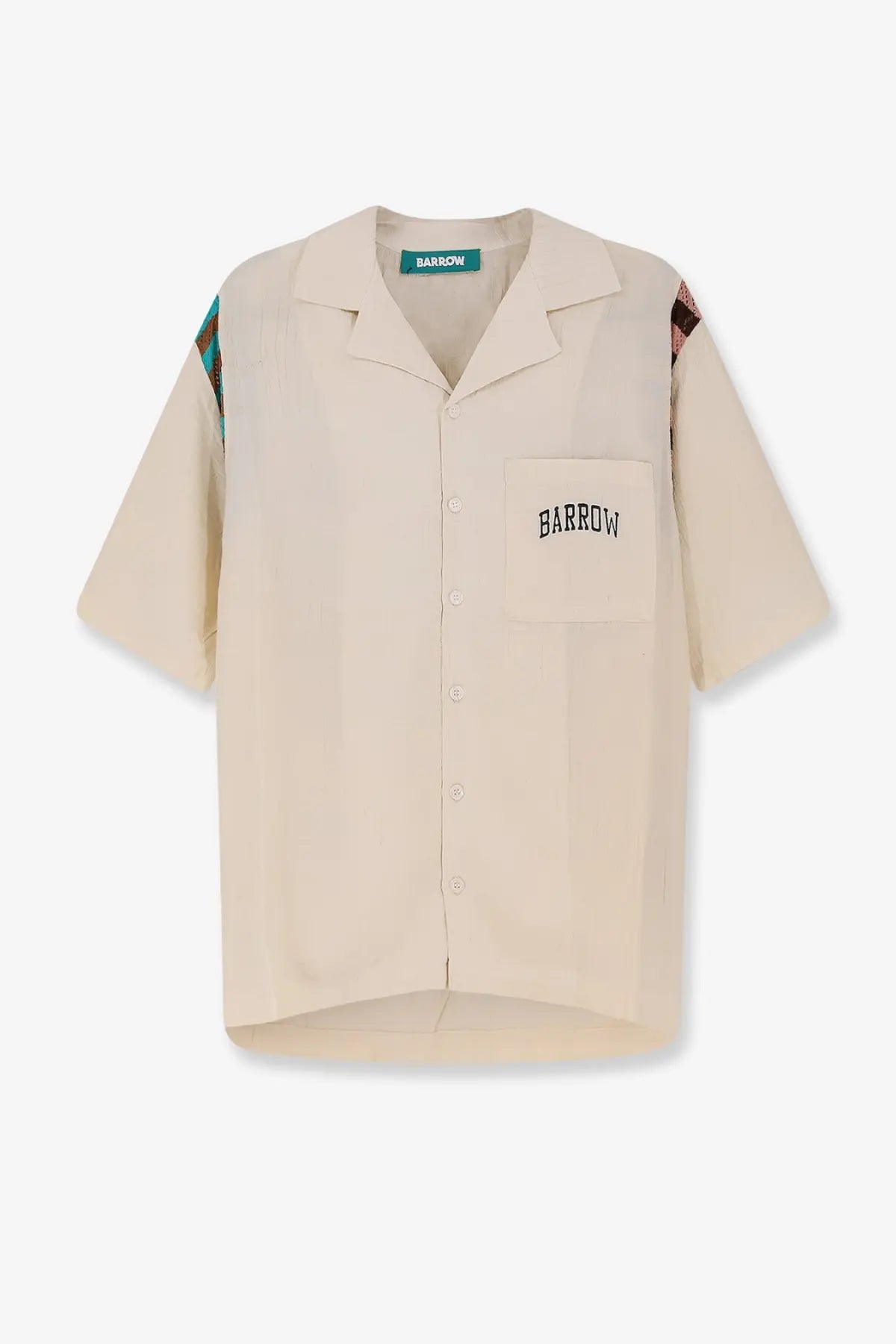 Barrow men’s viscose white shirt with beige short sleeves, embroidered barrow chest pocket, and colorful shoulder accents