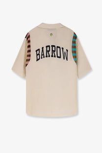 Barrow men’s viscose beige short-sleeved shirt with brown and teal striped sleeves and embroidered back logo