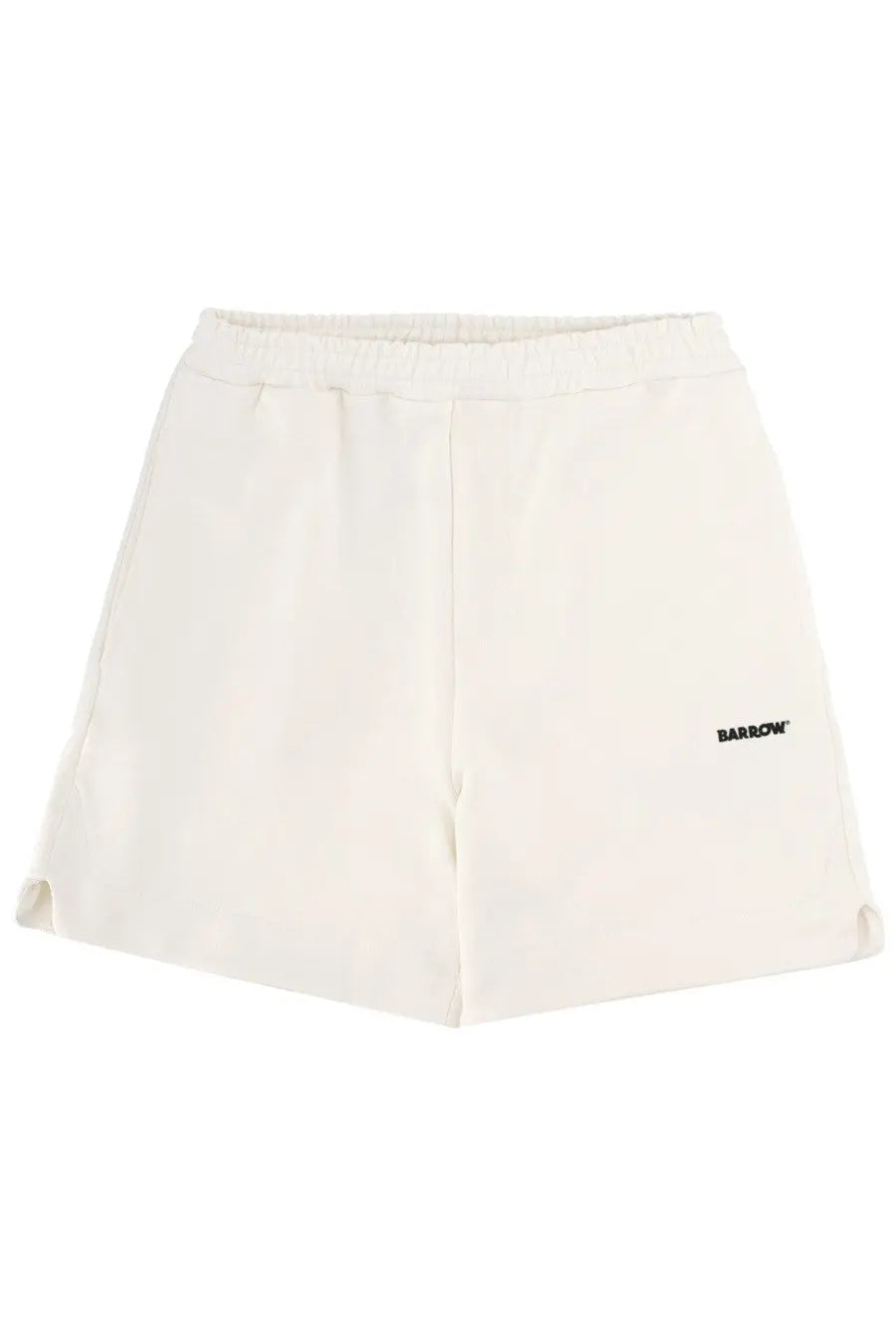 Cream-colored soft fabric barrow unisex bermuda iconic white shorts with elastic waistband and black logo on left leg