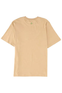 Beige short-sleeved barrow unisex iconic shirt with a small green smiley face logo at the neckline