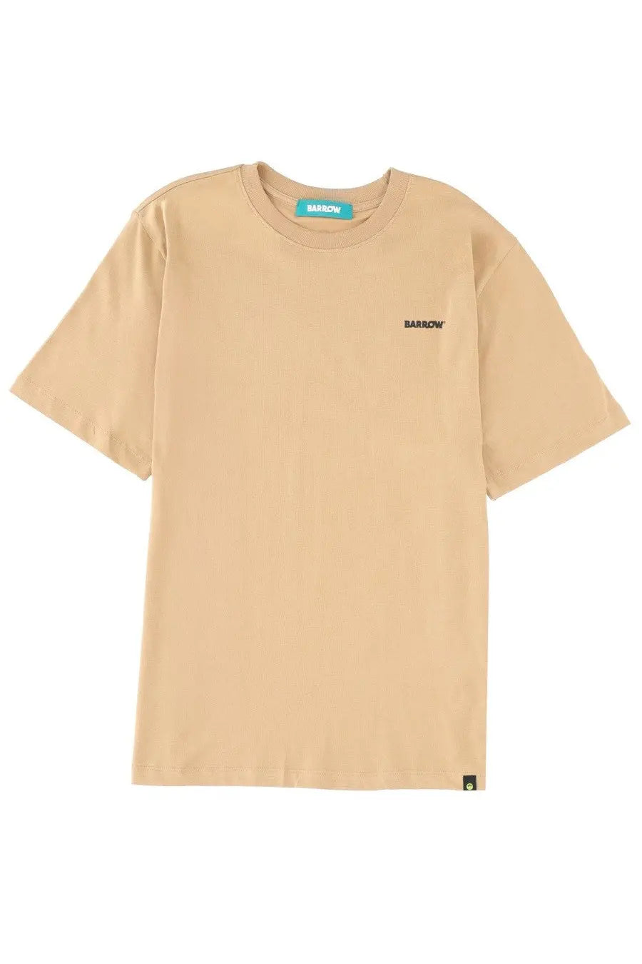 Beige barrow unisex iconic short-sleeved t-shirt with subtle embroidered logo and teal brand tag at the neckline