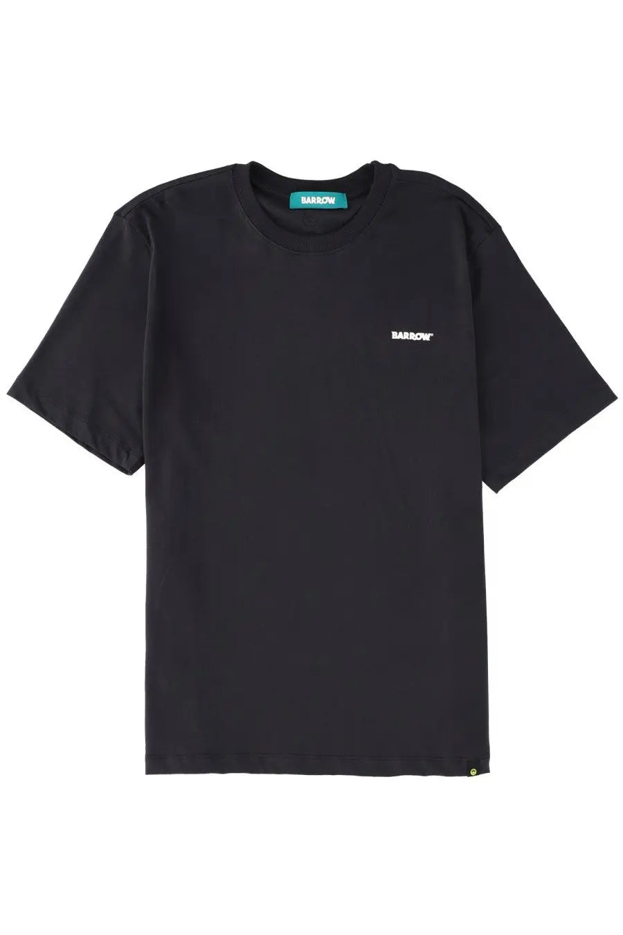 Black short-sleeved crew neck barrow t-shirt with subtle white embroidery and teal tag in barrow unisex iconic shirt grey