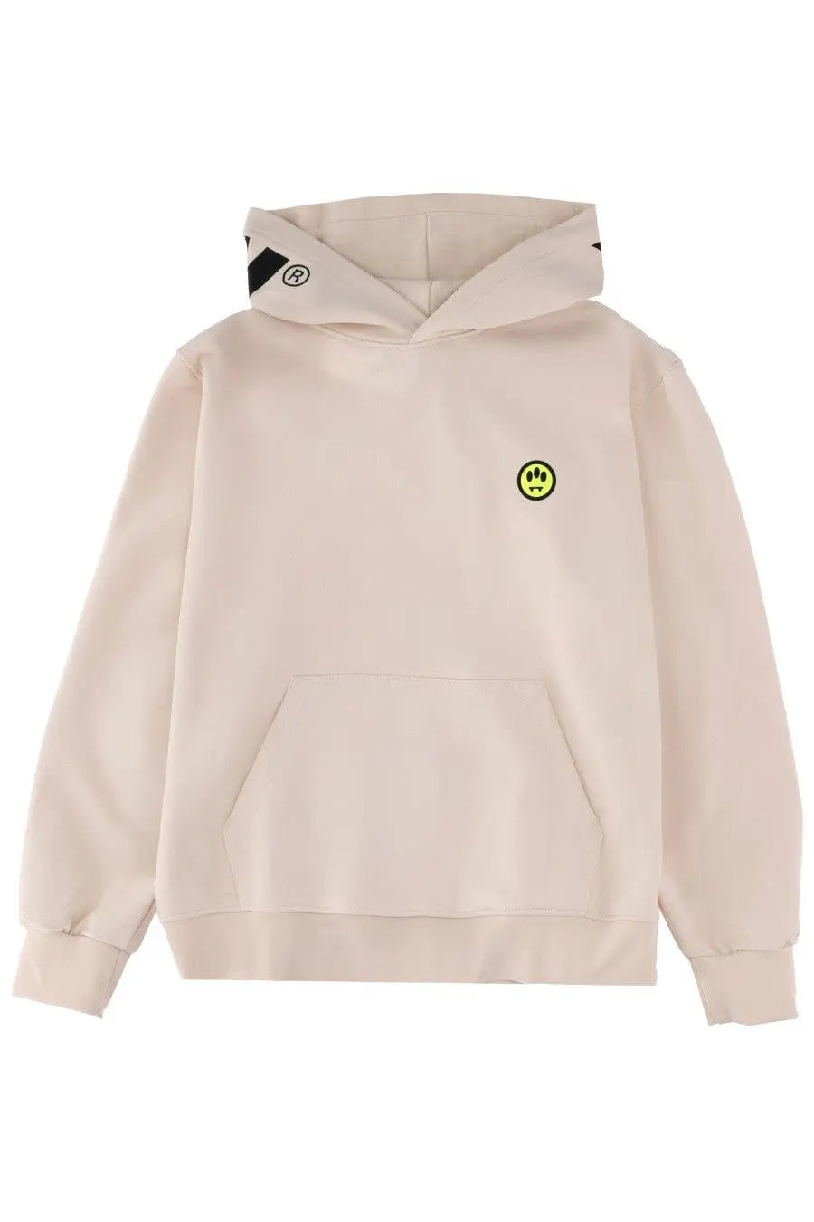 Beige barrow unisex iconic sweatshirt with neon yellow smiley face patch and black and white striped hood trim