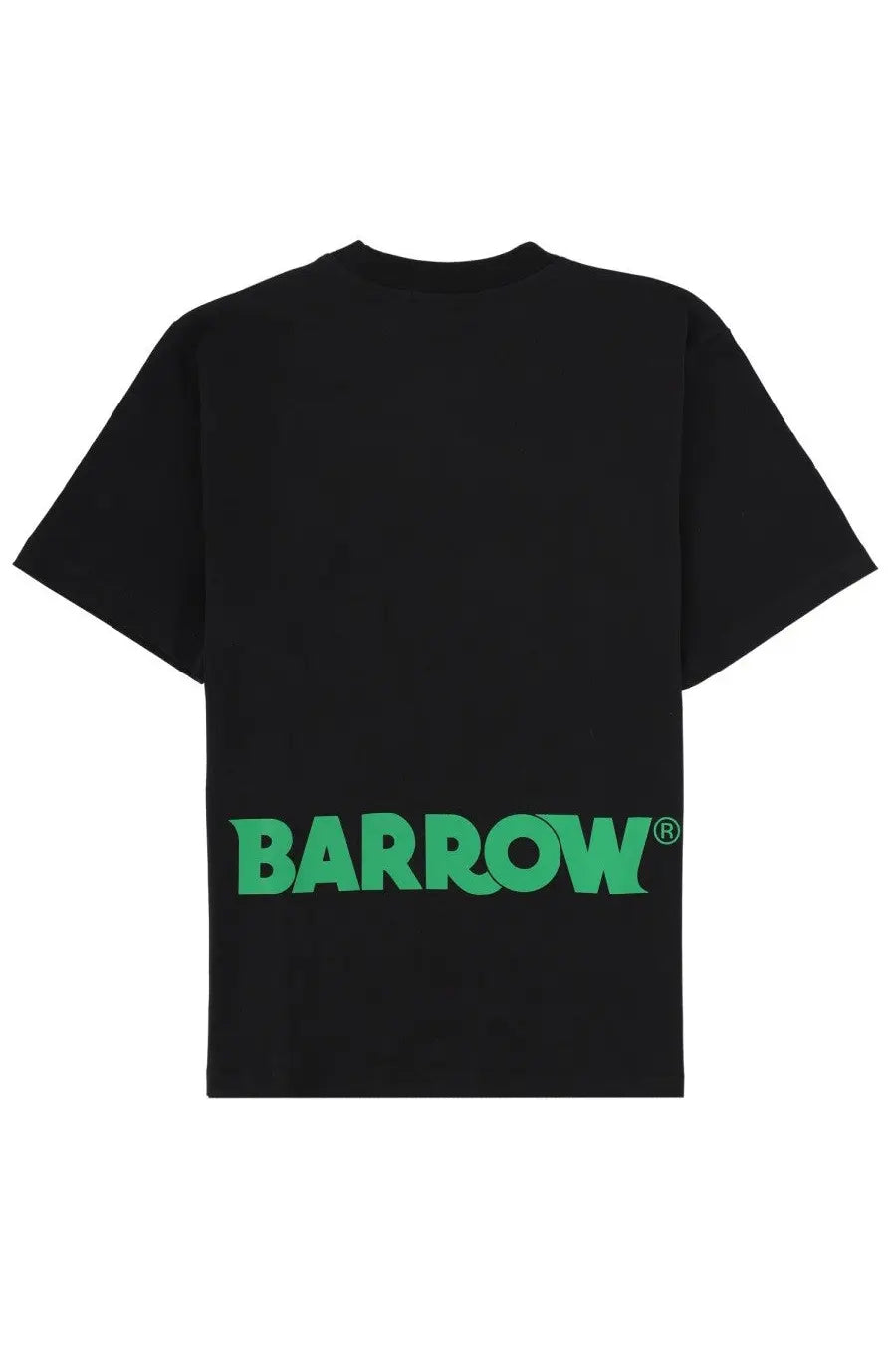 Black short-sleeved cotton barrow unisex shirt showing bold green barrow lettering on the lower back side