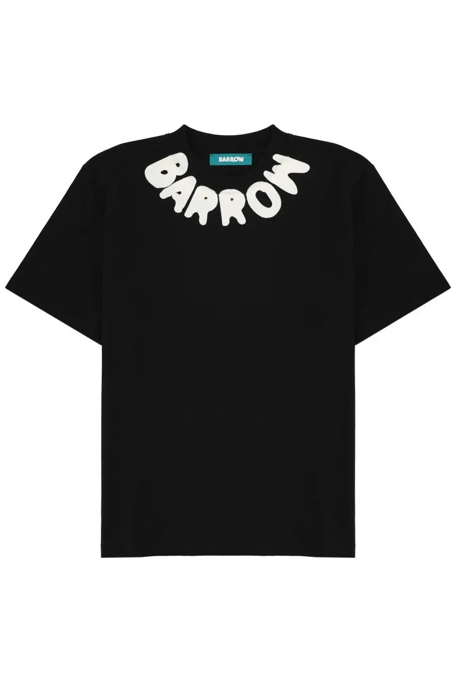 Black short-sleeved unisex barrow shirt with white stylized graphic and teal brand tag at neckline
