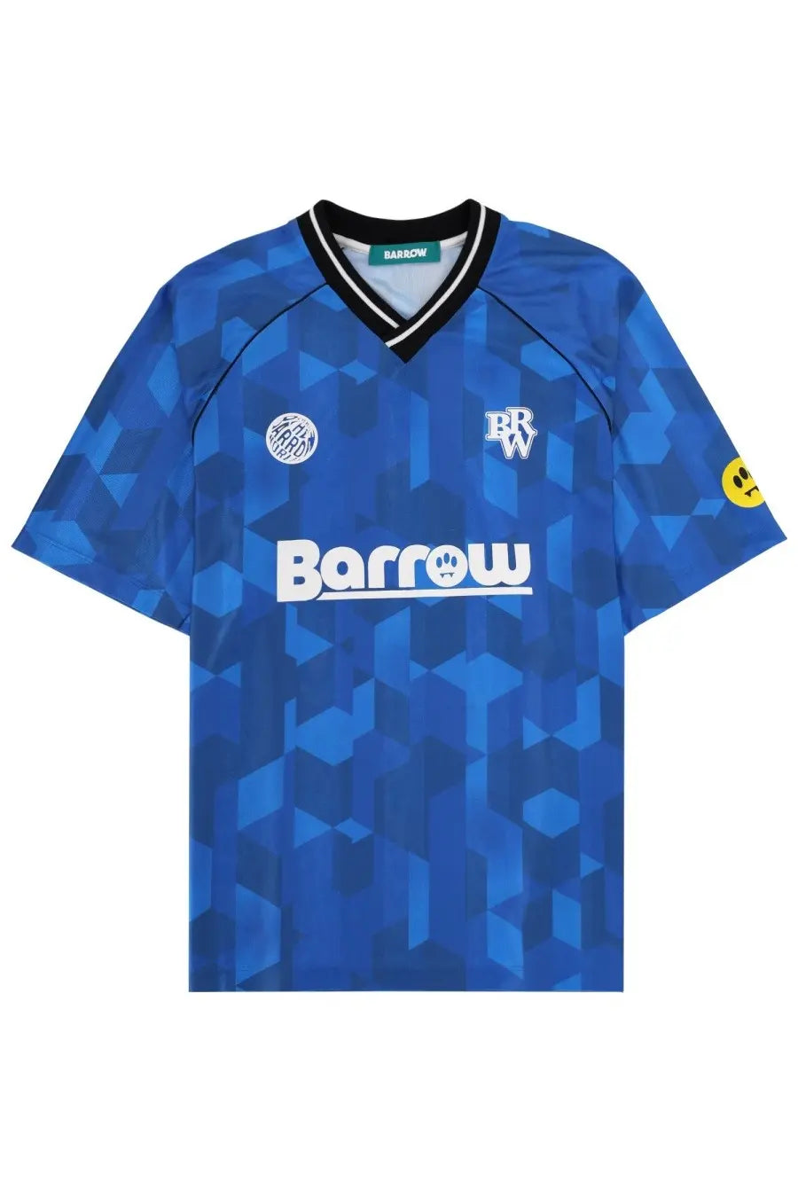 Blue geometric-patterned Barrow unisex soccer jersey with white lettering and black trim for casual and sports use