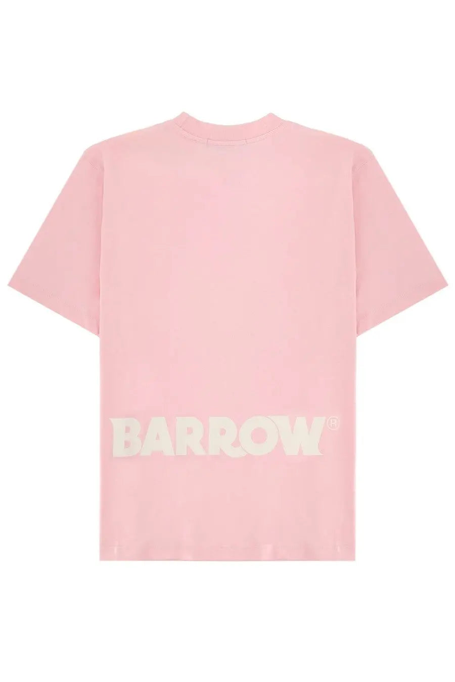 Soft pink barrow unisex short-sleeved t-shirt with bold white logo on the lower back shown from the back side