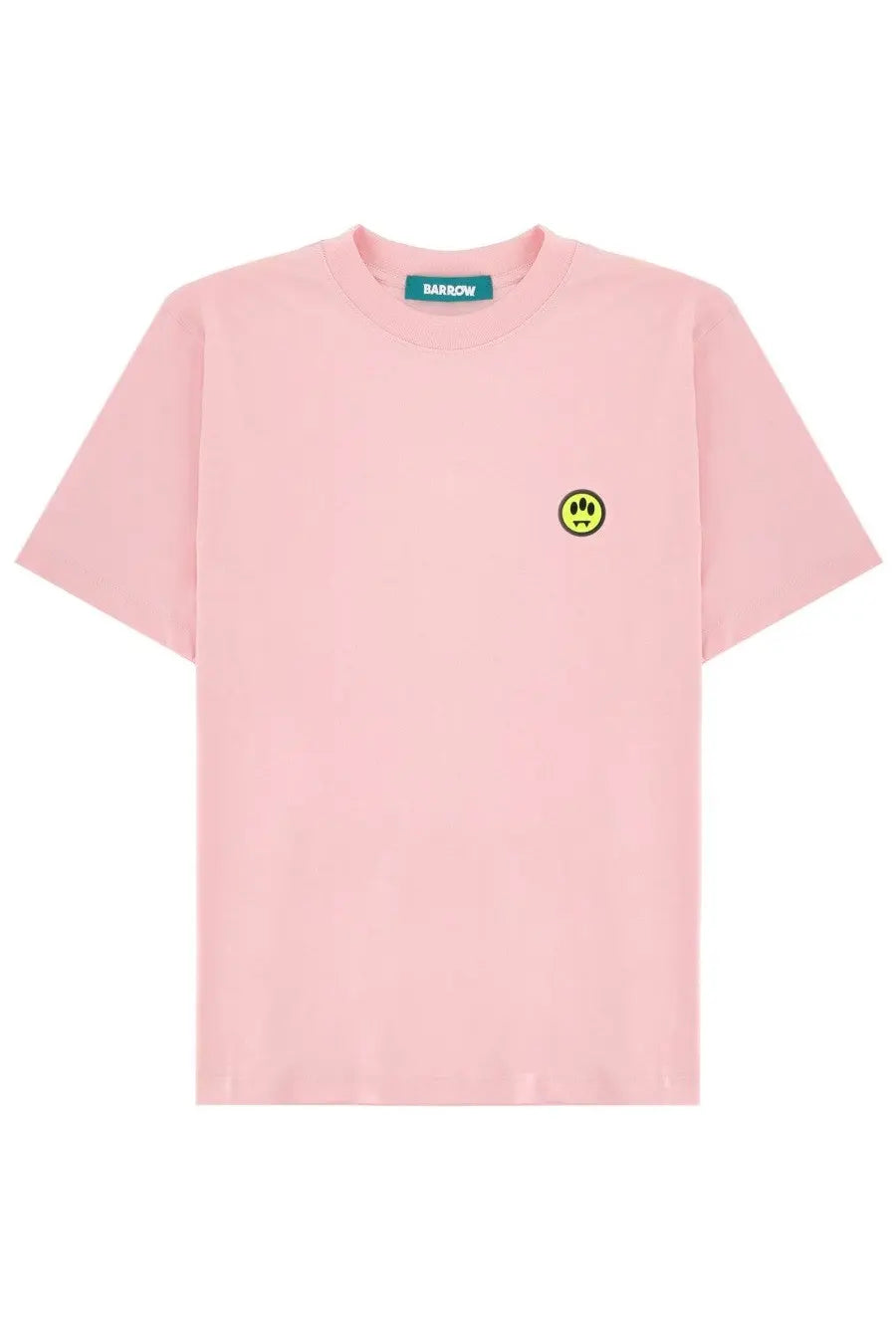 Barrow unisex soft pink short-sleeved shirt with embroidered yellow smiley face and green brand tag on the collar