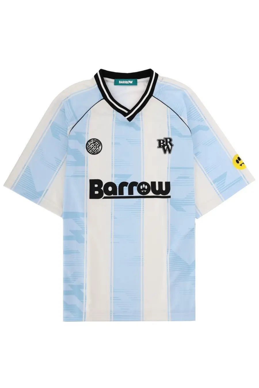 Barrow unisex light blue and white striped soccer jersey with black lettering skull logo and subtle patterned fabric
