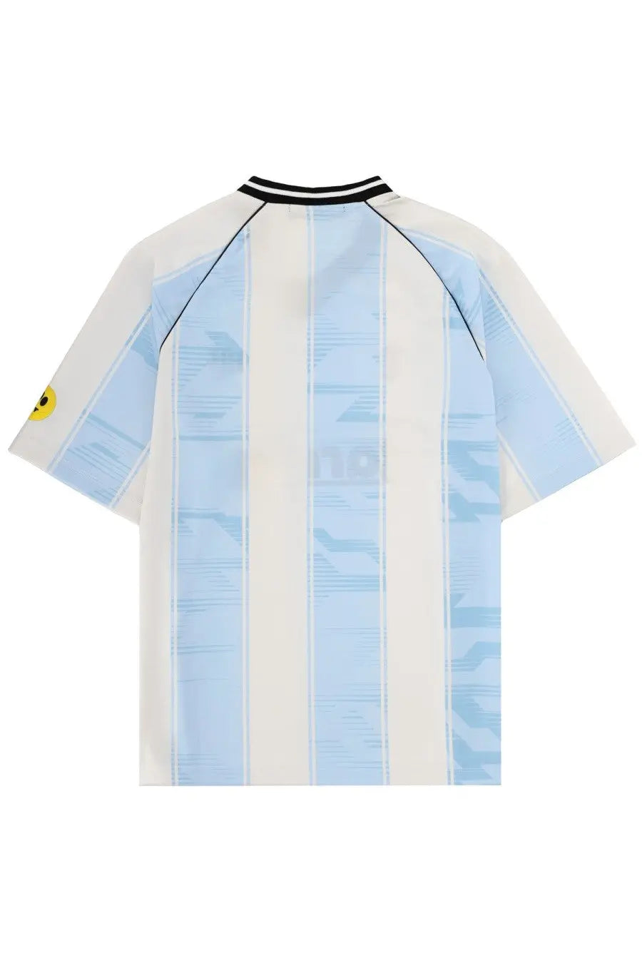 Barrow unisex short-sleeved jersey with vertical light blue and cream stripes and yellow smiley on left sleeve