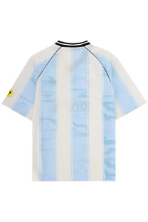 Barrow unisex short-sleeved jersey with vertical light blue and cream stripes and yellow smiley on left sleeve