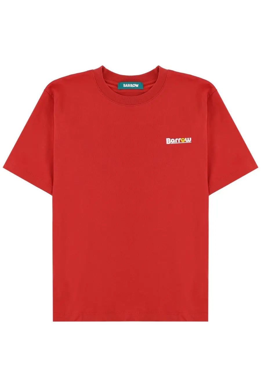 Barrow unisex red short-sleeved crew neck shirt with white embroidered borrow logo and green collar tag