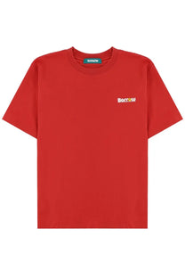Barrow unisex red short-sleeved crew neck shirt with white embroidered borrow logo and green collar tag
