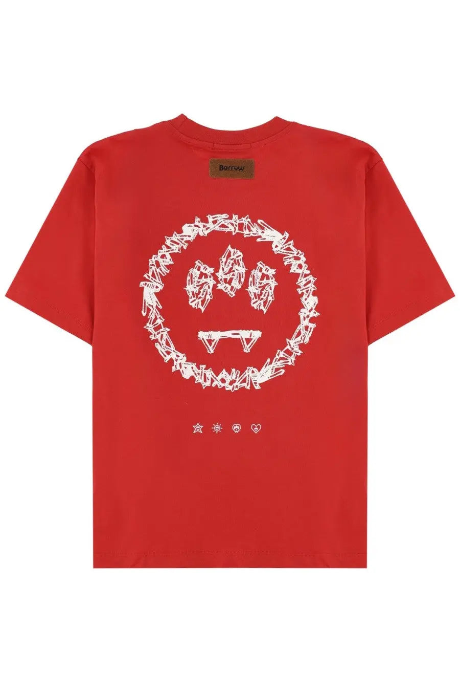Red barrow unisex short-sleeved t-shirt featuring a white smiling face with fangs graphic and abstract circular border