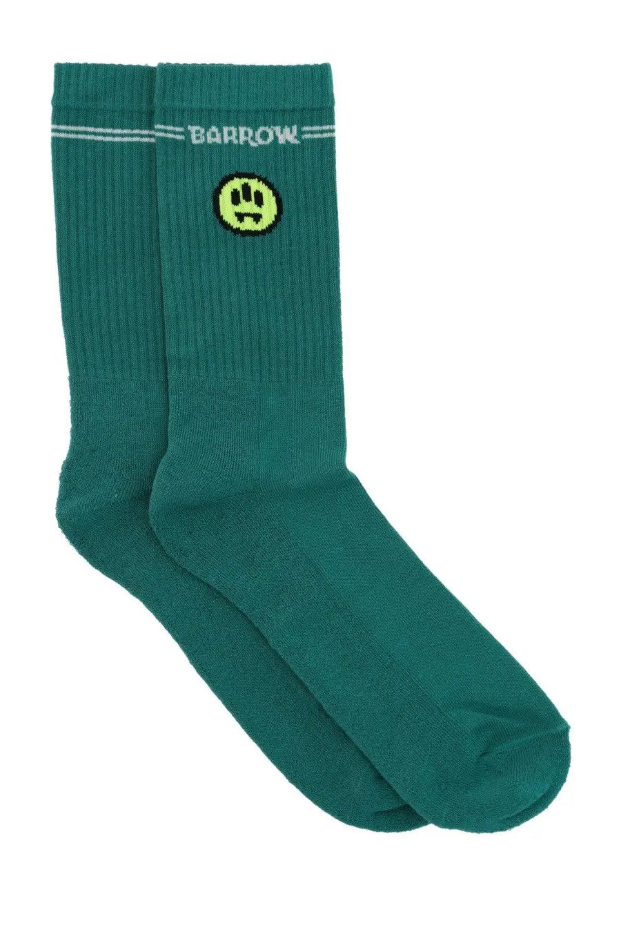 Teal ribbed crew socks by Barrow featuring a neon yellow smiley face and white barrow logo on green fabric