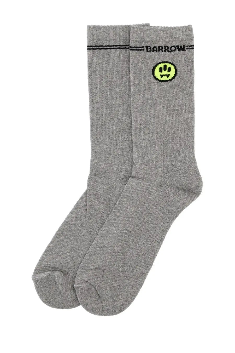 Barrow unisex grey crew socks with neon yellow smiley face and barrow branding on the cuff