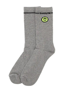 Barrow unisex grey crew socks with neon yellow smiley face and barrow branding on the cuff