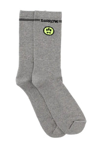 Gray heathered barrow unisex crew socks with neon yellow pixelated smiley face and black barrow text above it