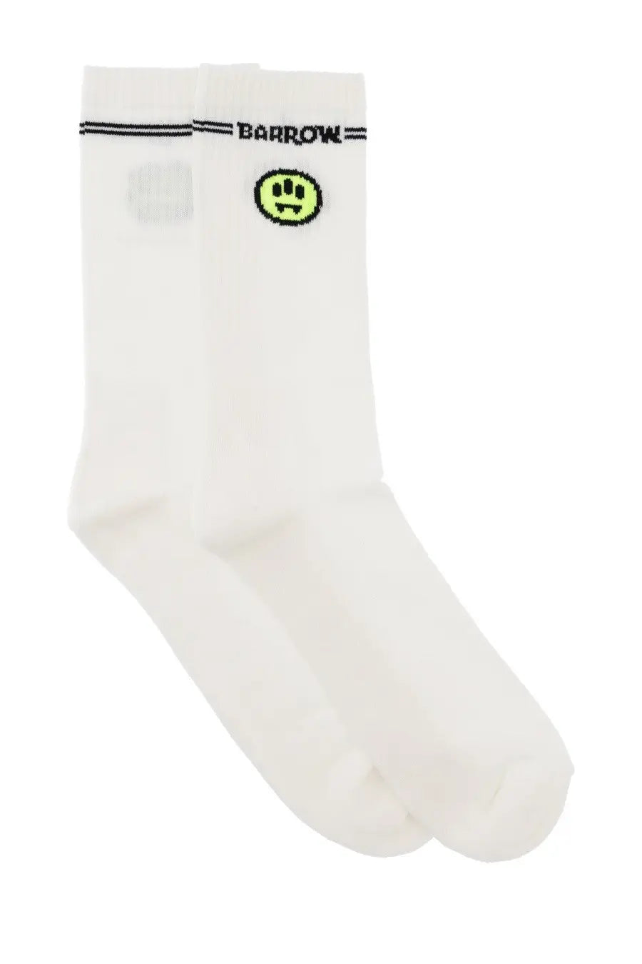 White barrow unisex crew socks with neon green smiley face black branding and stripes
