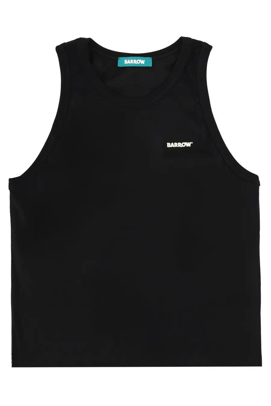 Black Barrow unisex tank top featuring a sleeveless design with a white embroidered logo and teal brand tag at neckline