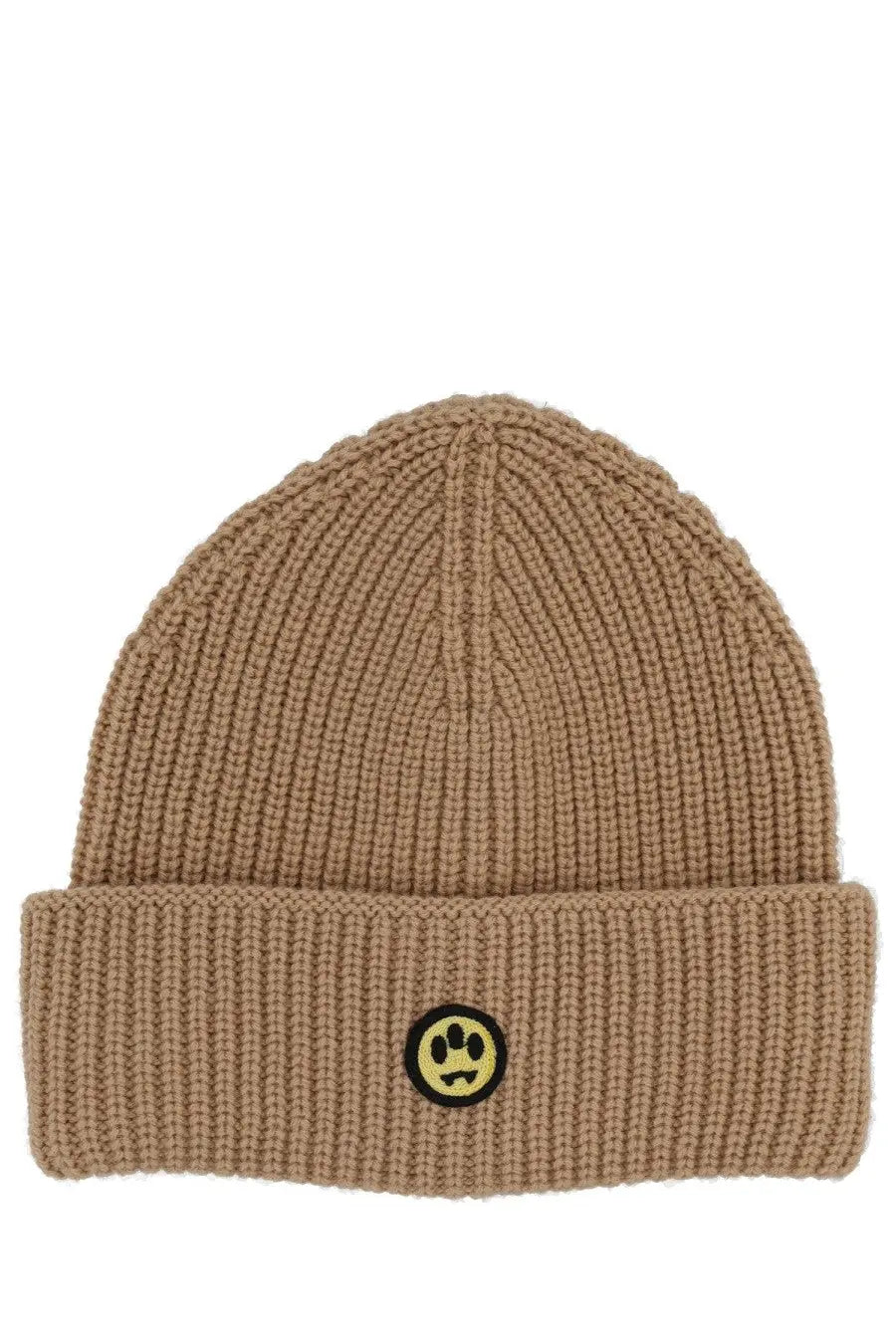 Barrow unisex wool cap beige tan ribbed knit beanie with yellow smiley face embroidered on folded brim