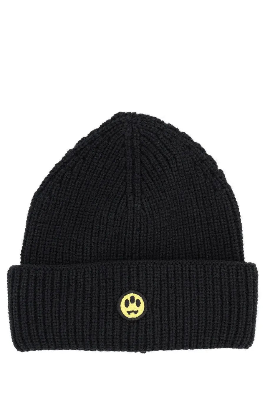 Barrow unisex black wool cap featuring a ribbed knit design with a yellow smiley face paw print patch on the brim
