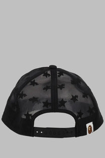 A bathing ape men’s black mesh baseball cap with star pattern and bathing ape logo tag on the front