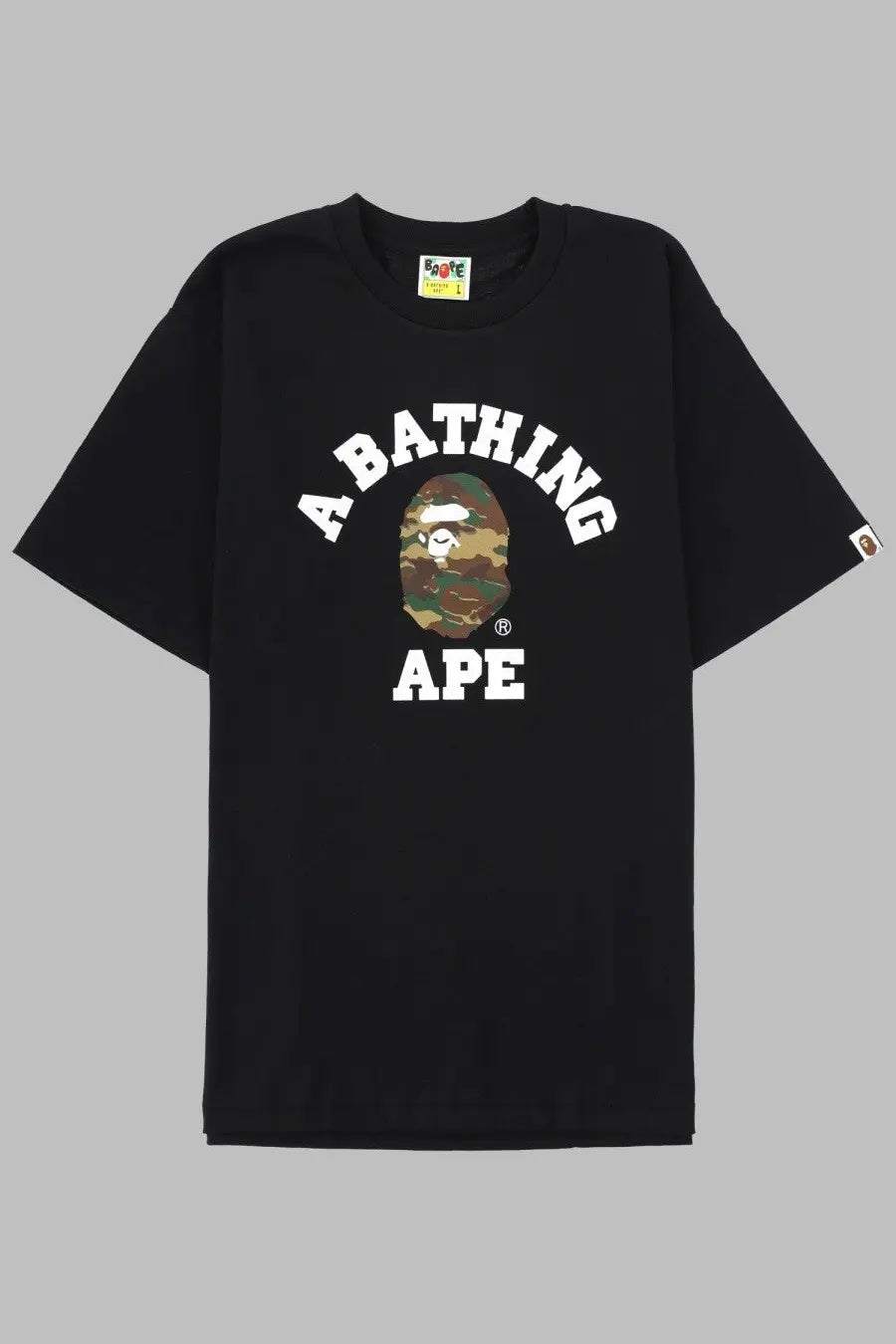 A bathing ape men’s black t-shirt with a camouflage ape head graphic and white arched lettering front print