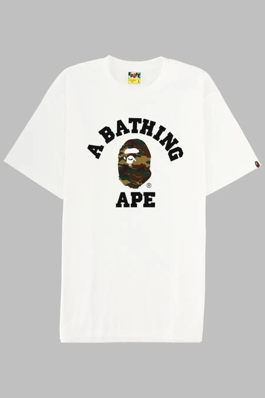 A bathing ape men’s white t-shirt with a camouflage ape head graphic and black arched lettering