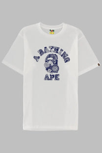 A bathing ape men’s white t-shirt with navy blue floral-patterned logo featuring the iconic ape head design