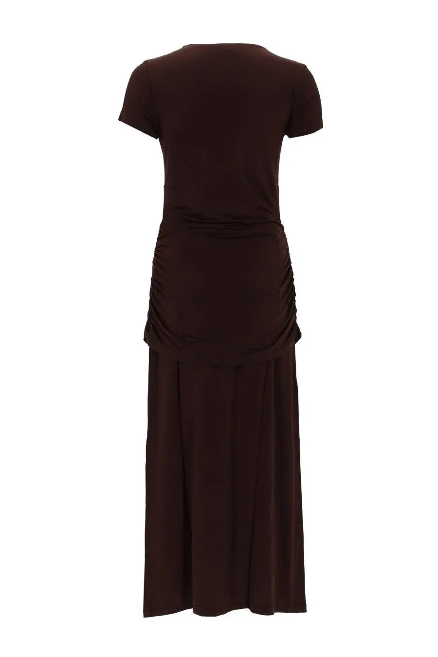 Baum und Pferdgarten women’s abito jule brown sleek dark brown maxi dress with short sleeves and ruched waistband