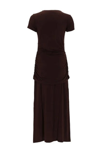 Baum und Pferdgarten women’s abito jule brown sleek dark brown maxi dress with short sleeves and ruched waistband