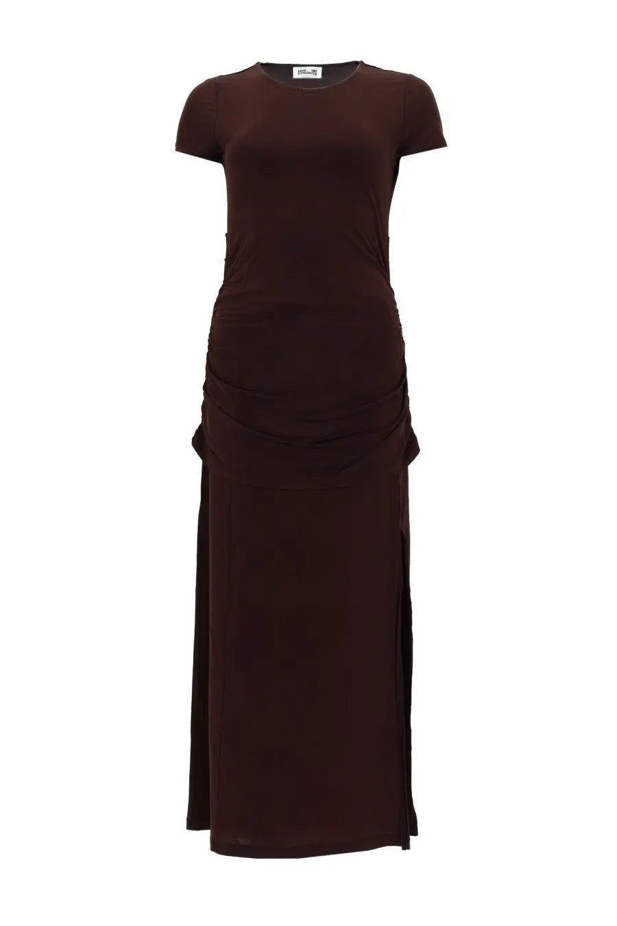 Baum und pferdgarten women’s abito jule brown midi dress with short sleeves and ruched side detailing