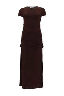 Baum und pferdgarten women’s abito jule brown midi dress with short sleeves and ruched side detailing