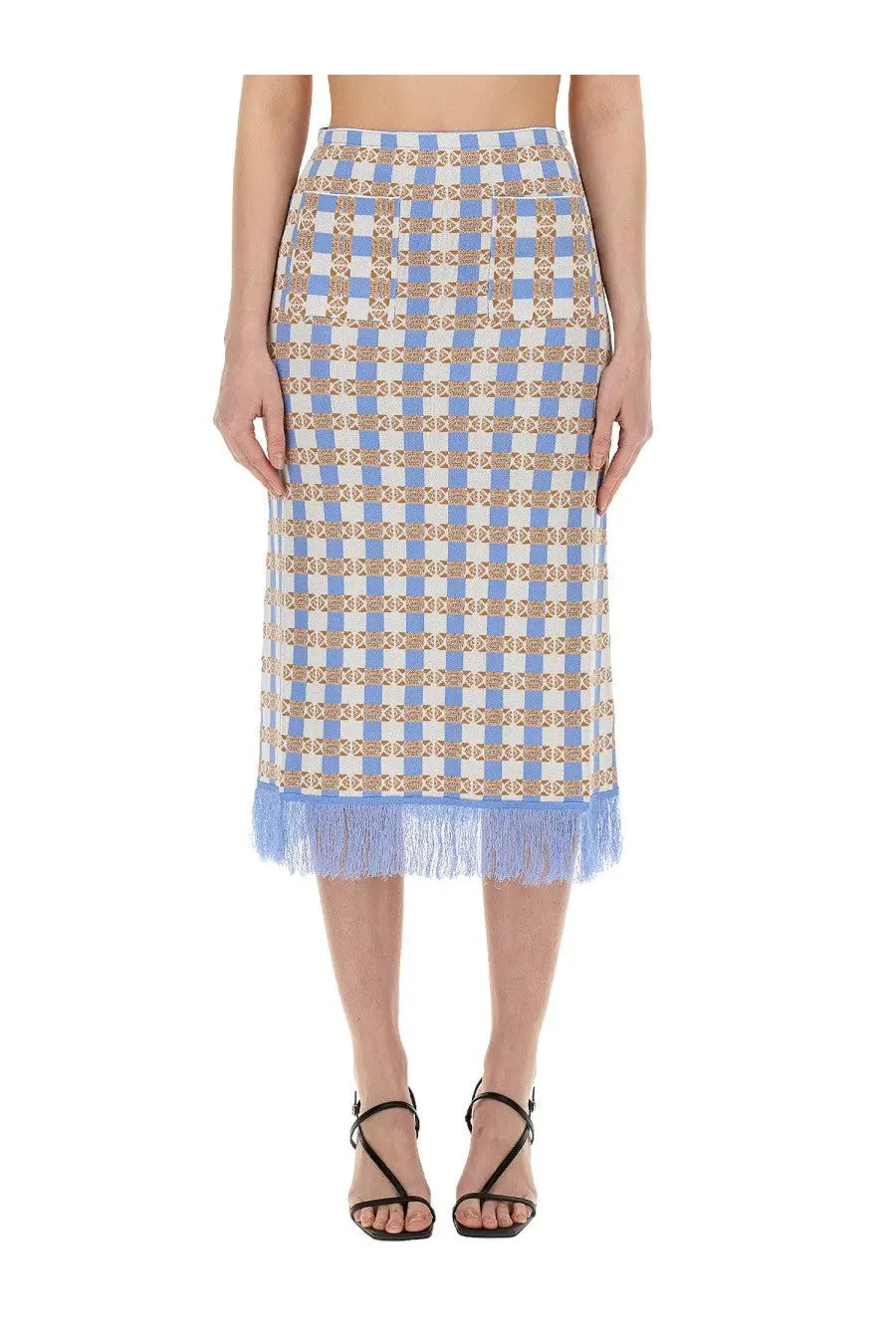 Baum und pferdgarten women’s callis skirt blue light blue and cream checkered midi skirt with gold embroidery and fringe hem