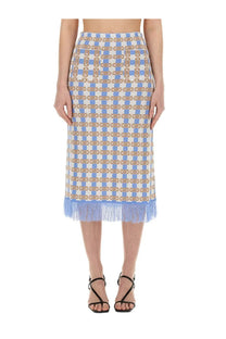 Baum und pferdgarten women’s callis skirt blue light blue and cream checkered midi skirt with gold embroidery and fringe hem