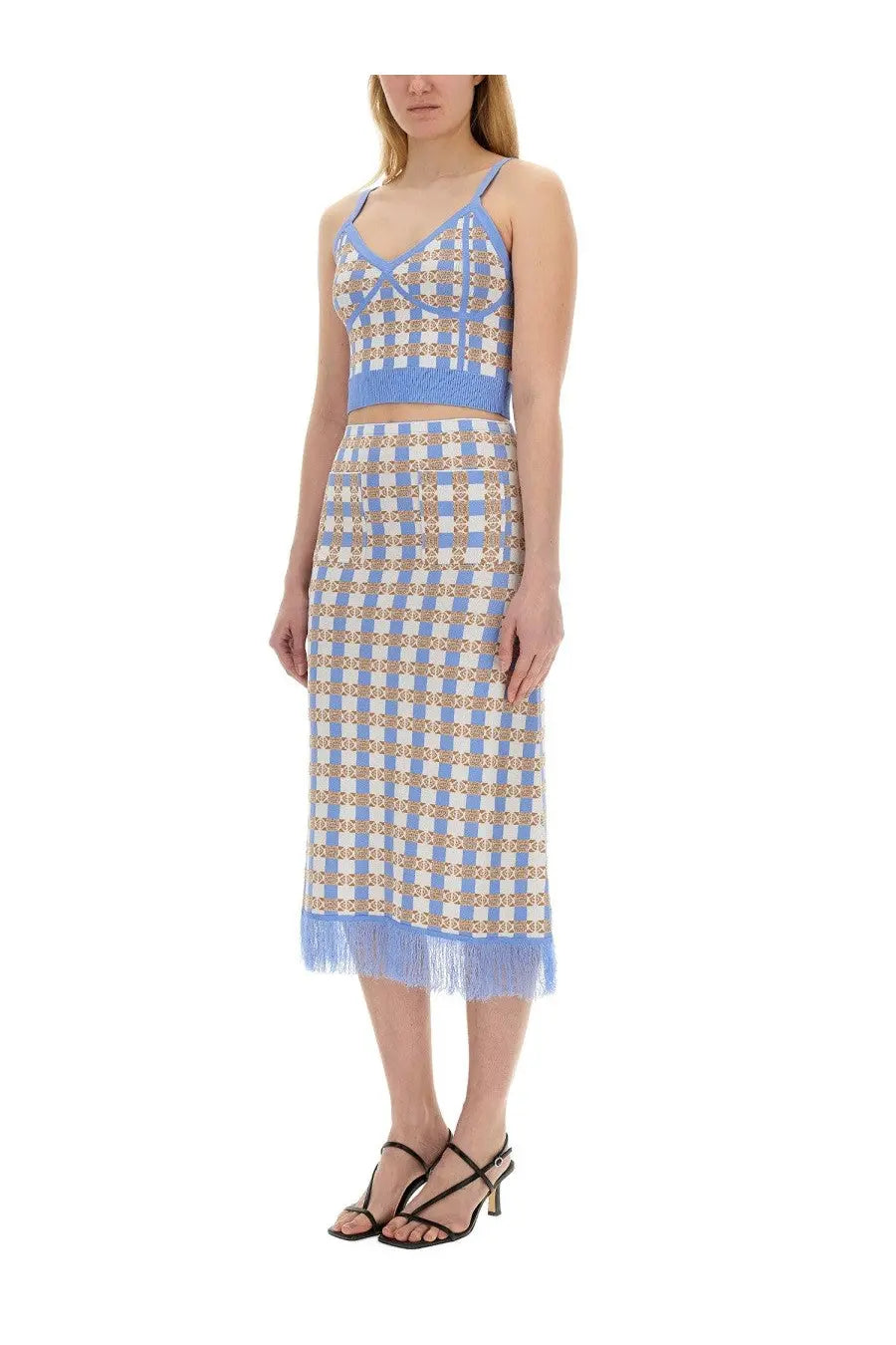 Baum und pferdgarten women’s callis skirt blue light blue and cream checkered knit two-piece with fringed hem