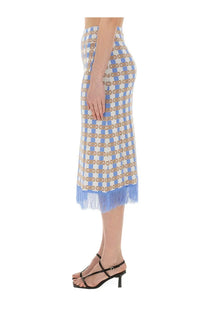 Baum und Pferdgarten women’s callis skirt blue midi skirt with blue and white checkered pattern and gold chain detailing