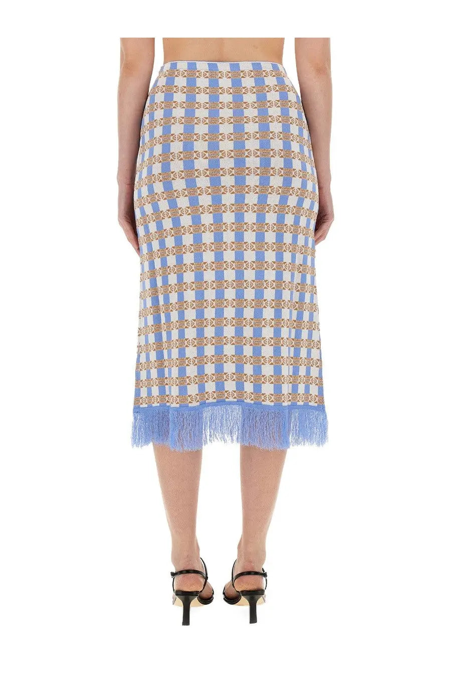 Baum und pferdgarten womens callis skirt blue midi skirt with blue and white checks gold embroidery and fringed hem
