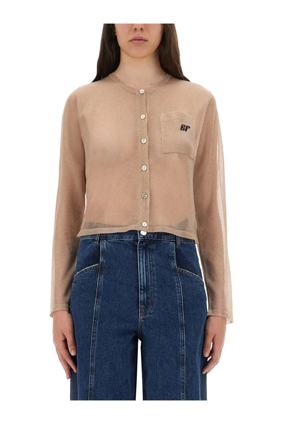 Beige sheer long-sleeved button-up top with chest pocket and embroidered logo from Baum und Pferdgarten Womens cardigan Crisje