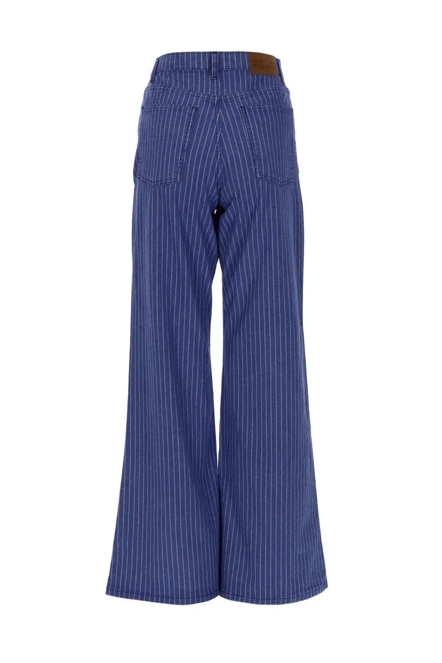 Baum und pferdgarten women’s jeans nilea blue wide-leg blue pinstripe trousers with brown leather waistband front view